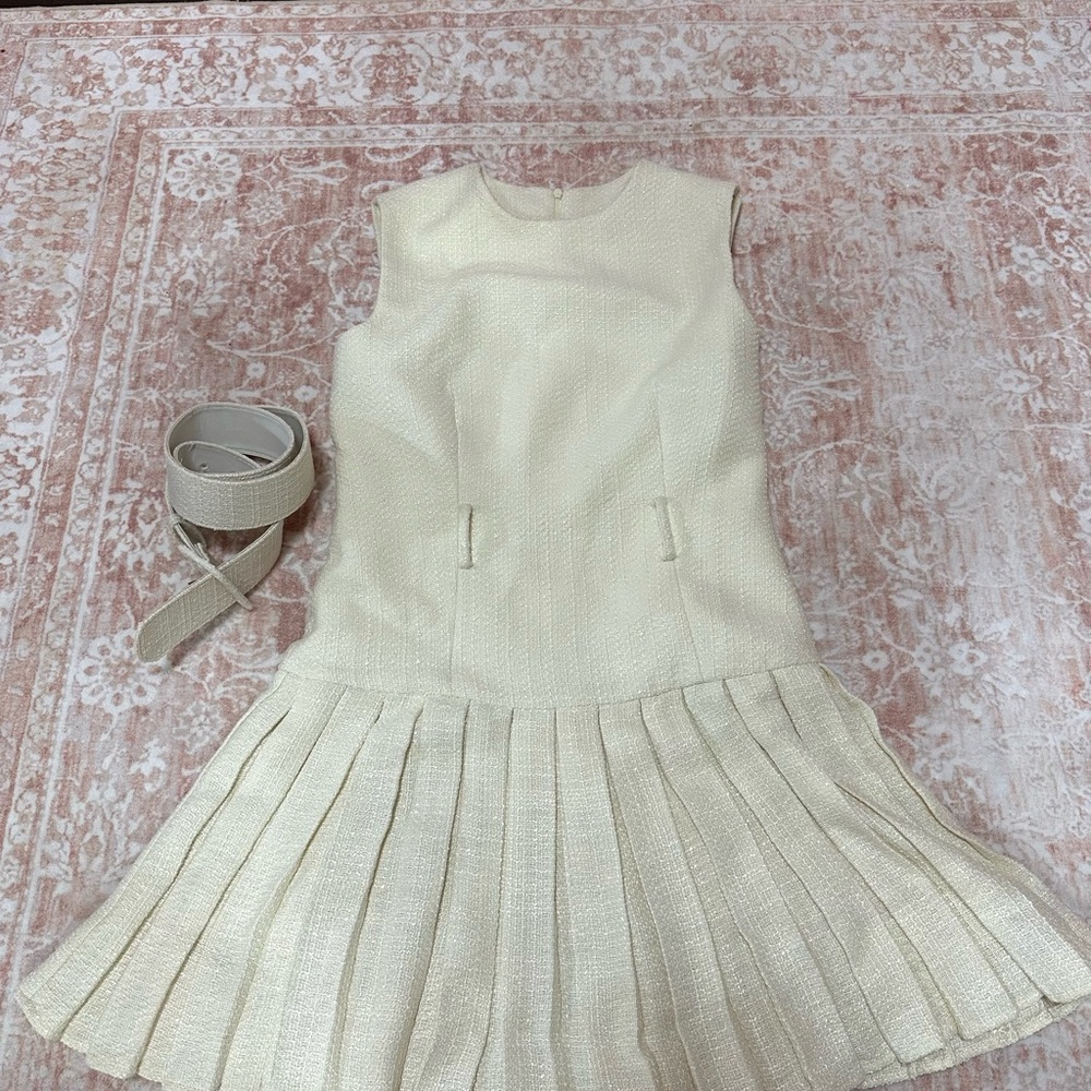 NWT Commense Tweed Pleated Cream Dress - Picture 4 of 14